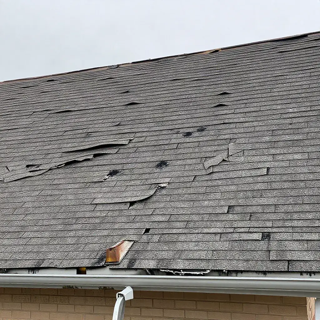 Avant : toiture de bardeaux usée, bombée et fissurée d'un bungalow de Sainte-Rose, Laval