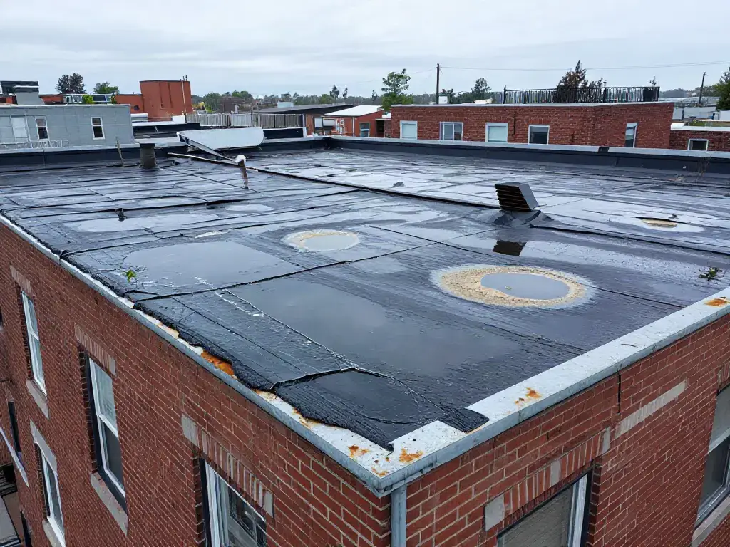 Avant : toit plat d'un immeuble de six logements à Ahuntsic, membrane fissurée et eau stagnante