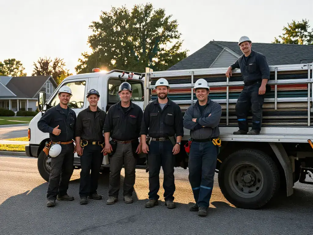 Équipe de couvreurs de Boréal Toiture devant son camion de service à Laval, en fin de journée